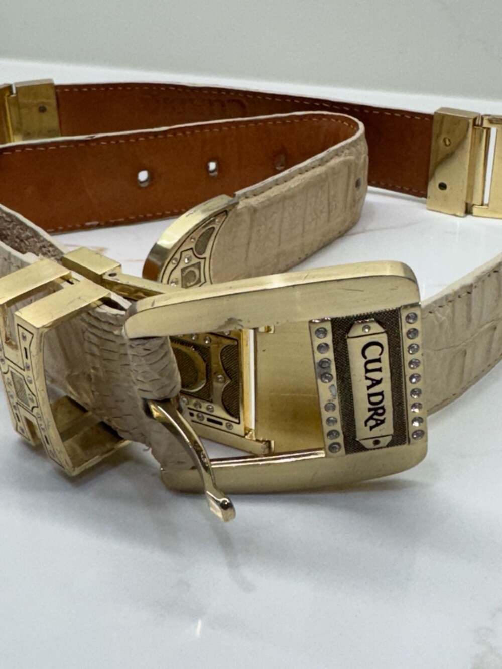 Cuadra Men's Cream Genuine Caiman Fuscus Skin Belt with Rhinestone Buckle